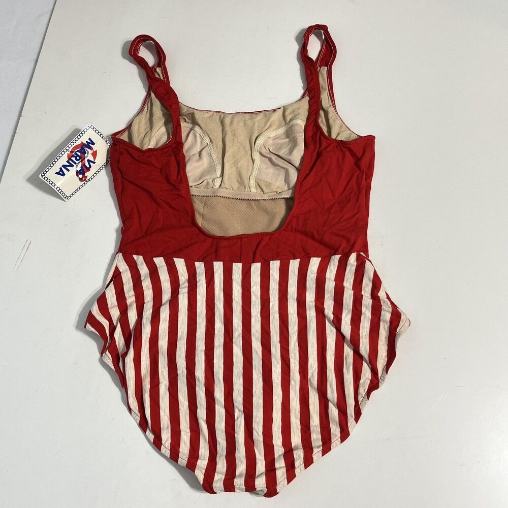 Vintage Via Marina Swimsuit Womens 16 Red Striped Nautical One Piece USA Cotton - Picture 2 of 16